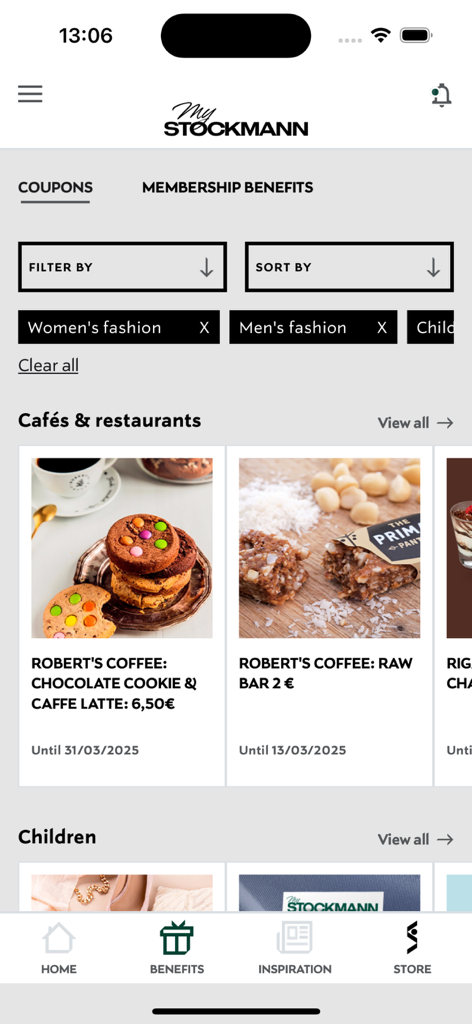 MyStockmann - MyStockmann app interface showing exclusive membership benefits and restaurant coupons