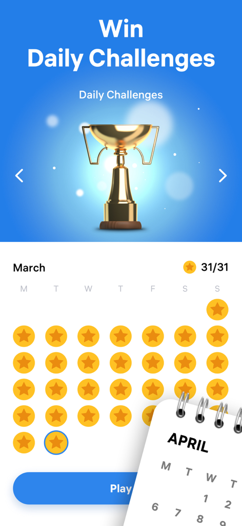 Number Match - Numbers Game - Uno schermo dall'app Number Match che mostra un trofeo d'oro e un calendario mensile completato per le sfide giornaliere.