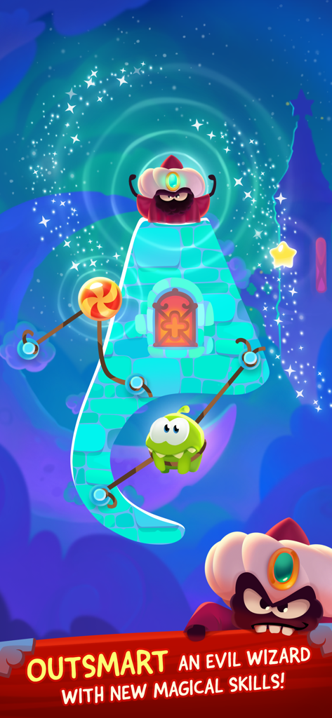 Baby Om Nom facing an evil wizard in a magical puzzle level