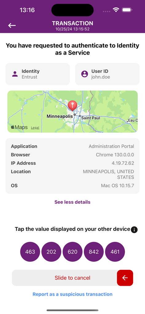 Entrust Identity app transaction verification interface showing a login request with location map and authentication codes