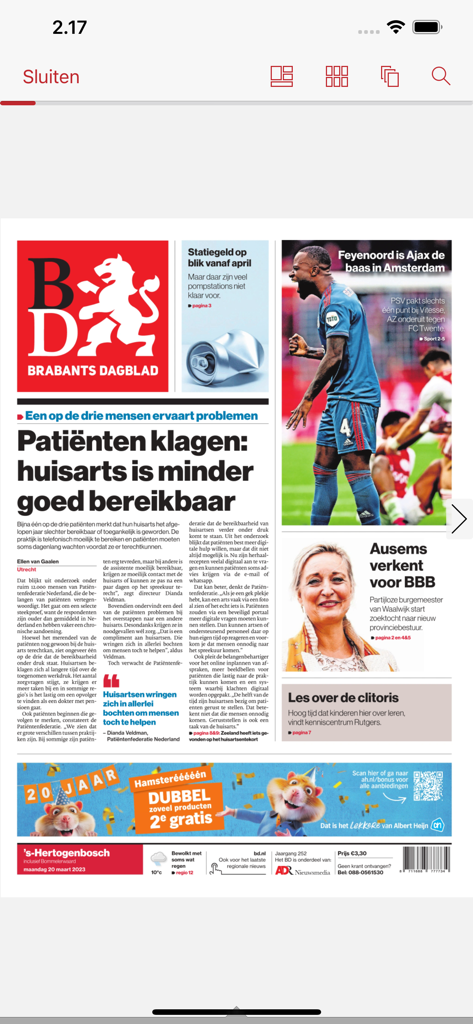 BD - Digitale krant - Digital replica of the Brabants Dagblad newspaper front page displayed in the app