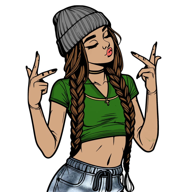 realistic teenage girl with braids and a beanie and crop top doing 🫶🏼