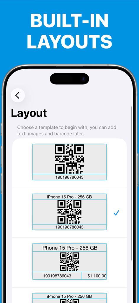 App-Oberfläche, die integrierte Etikettenlayouts mit QR-Codes und Produktinformationen zeigt.