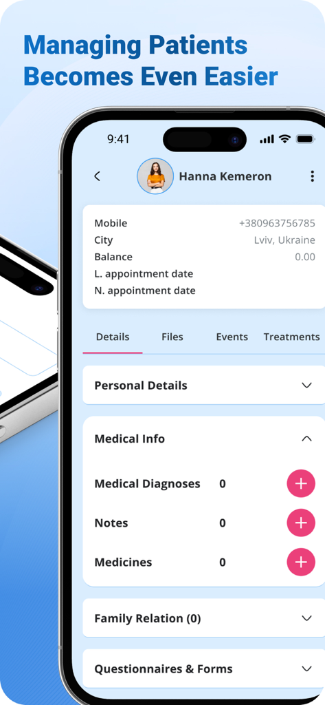 Patient management screen in DOCTOR clinix showing medical history and contact details.