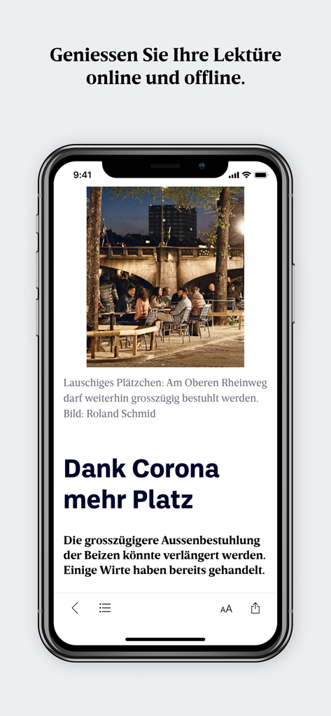 bz Basel E-Paper app displaying a news article with options for offline reading on a smartphone screen.