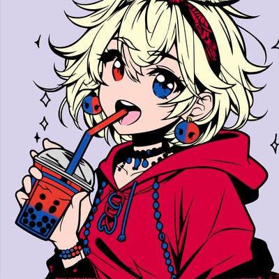 hot baddie anime girl drinking boba and biting the straw