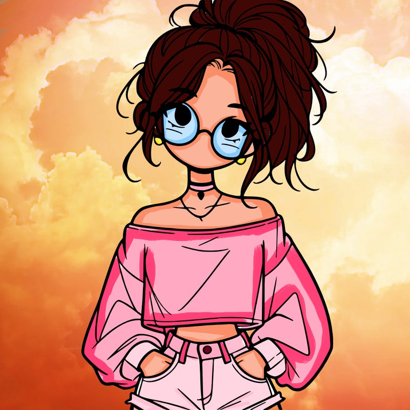 girl with a messy ponytail glasses a baggy crop top and jean shorts