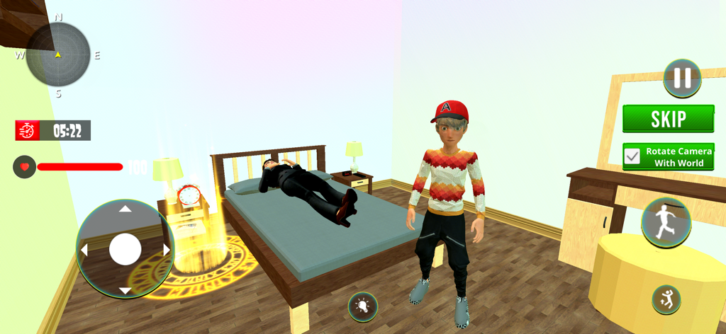 Scary Teacher: Escape Game 3D - Gameplay screenshot showing a boy character sneaking into a bedroom where the teacher is sleeping in Scary Teacher Escape Game 3D
