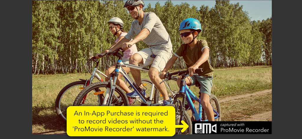 A family riding bikes in a park showing the ProMovie Recorder watermark and purchase info