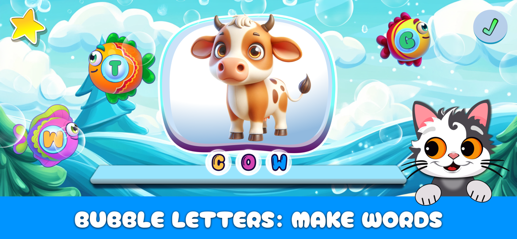 Letters Catch: Alphabet Games - Educational game screen showing a cartoon cow and letters used to spell its name in an underwater theme