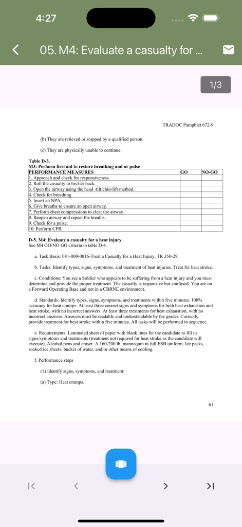 Expert Soldier Badge app displaying TRADOC manual first aid performance measures and evaluation criteria.