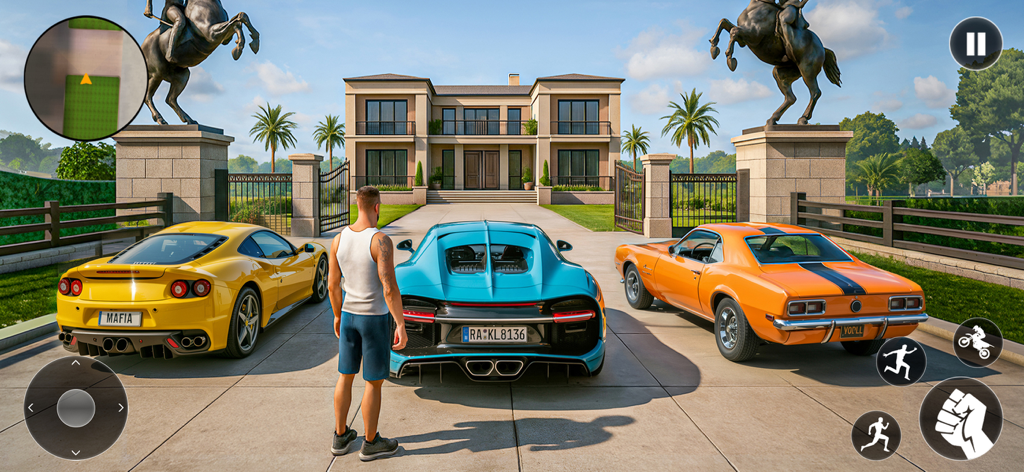 Urban Street Car Driver - A man standing behind a yellow, blue, and orange car in front of a luxury estate with horse statues