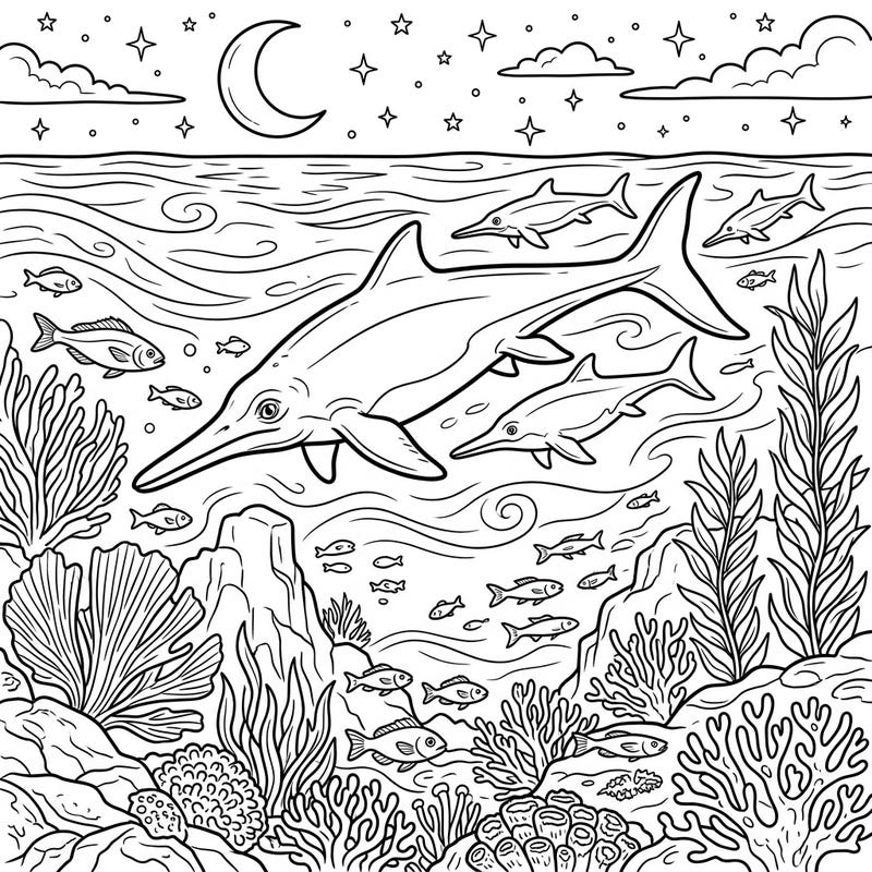 Embark on an extraordinary journey back in time with our Ichthyosaurs Night Time coloring page. Discover these magnificent marine reptiles gracefully navigating the mysterious depths under a captivating starry night.
