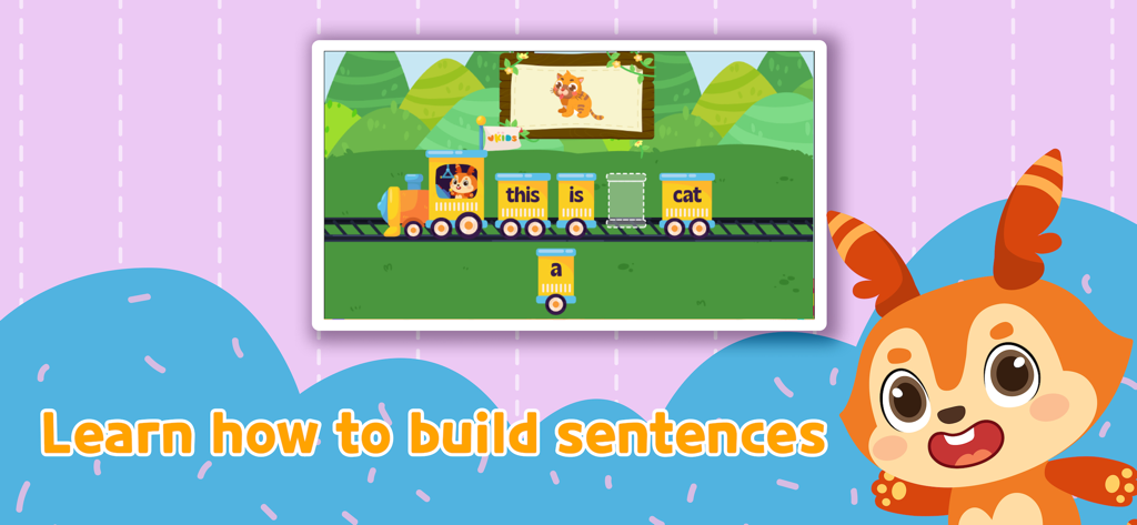 English Games For Kids - A colorful educational game where a child completes the sentence 'this is a cat' using a word train.