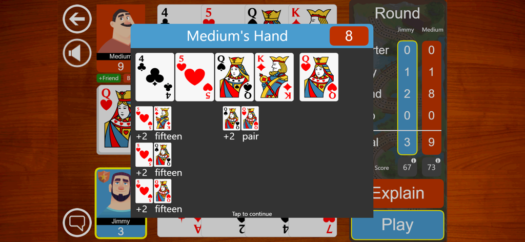 Cribbage JD gameplay showing automatic score calculation and large cards
