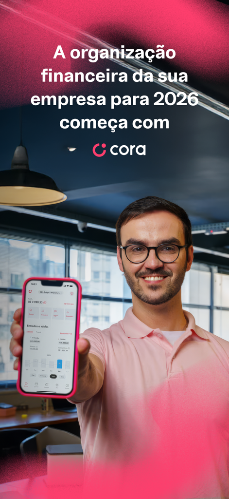 Conta PJ Digital - Cora - Uomo che tiene in mano uno smartphone che mostra la dashboard del conto aziendale digitale Cora