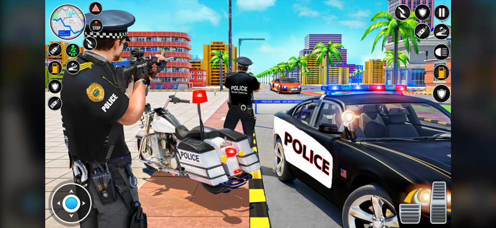 US Police Moto Bike Car Chase - A police officer holding a rifle standing next to a police motorcycle and patrol car in an open world city environment.