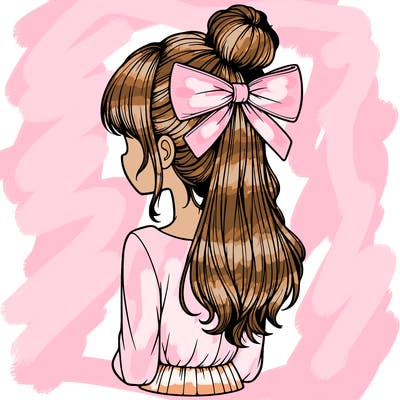 realistic girl  with hip length hair a bun and a big bow on the back of head