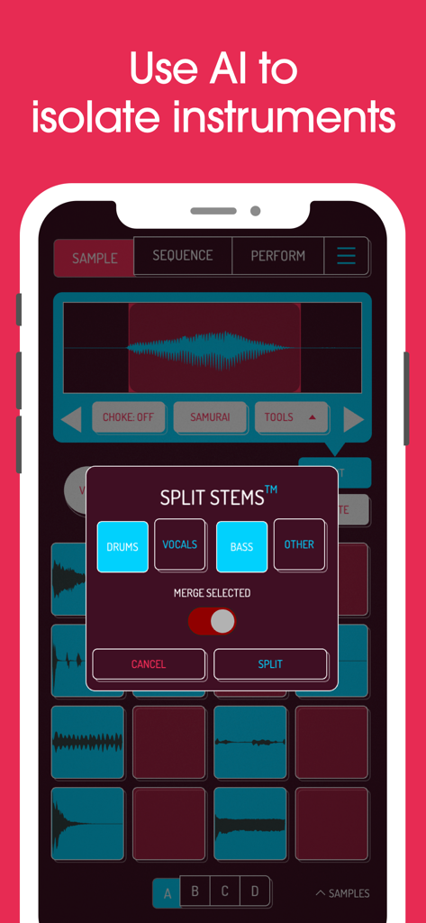 Koala Sampler mobile interface showing the AI stem separation feature to isolate drums vocals and bass