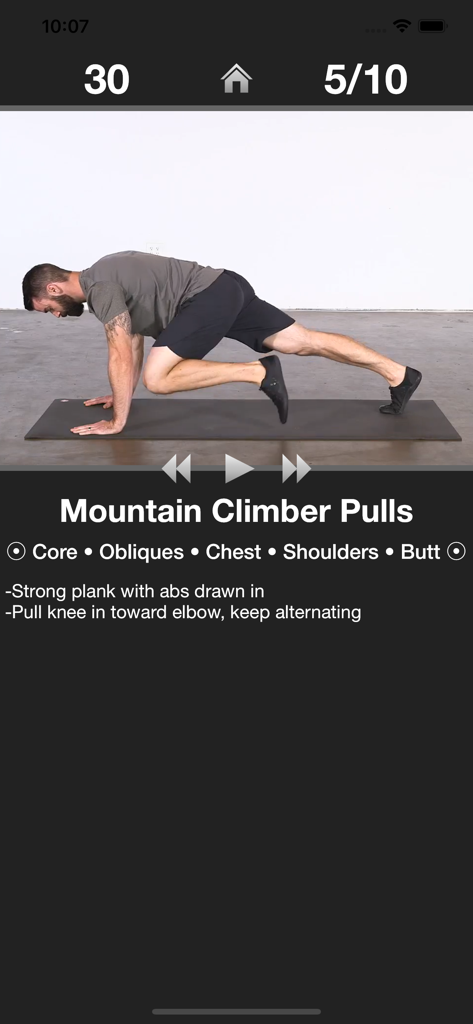 Daily Cardio Workout - Trainer - Man performing mountain climber pulls exercise with timer and instructions in the Daily Cardio Workout app