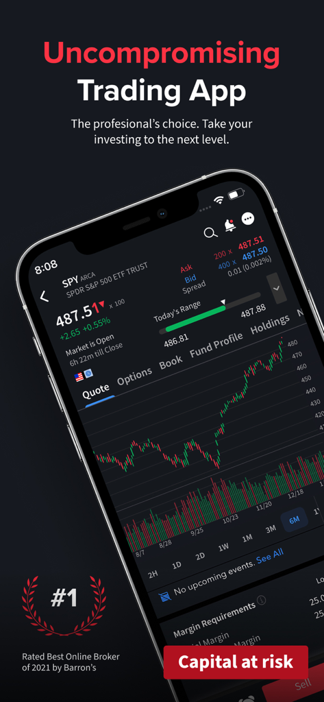 IBKR Mobile - Invest Worldwide - Pantalla de trading profesional de la aplicación IBKR Mobile con gráfico de acciones y cotizaciones de mercado en tiempo real