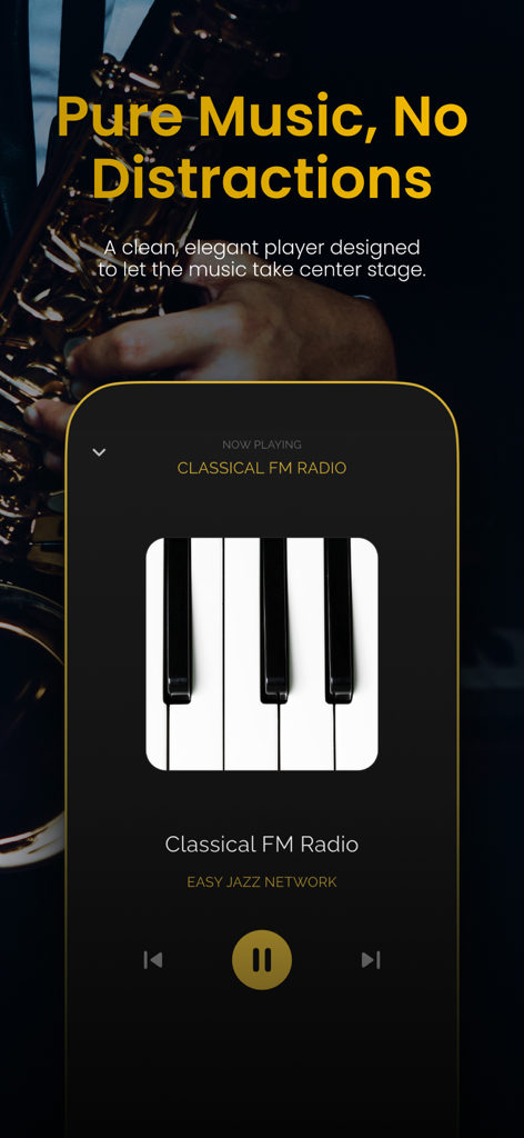 Easy Jazz Network - Minimalist user interface of the Easy Jazz Network app playing classical music on a dark elegant background