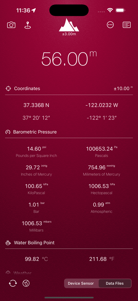 My Altitude - My Altitude app dashboard displaying current elevation, GPS coordinates, barometric pressure, and water boiling point.