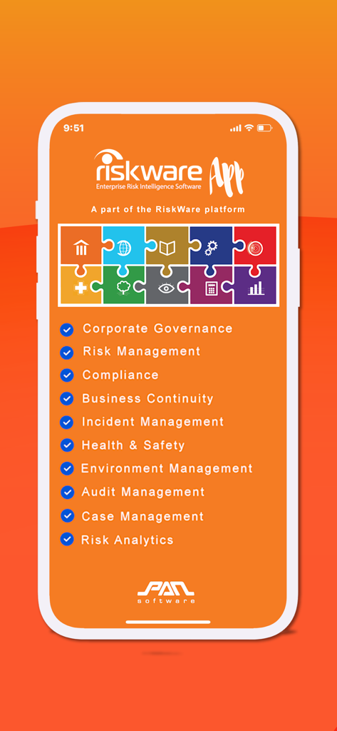 Riskware - Interfaz de la aplicación Riskware que muestra una lista de módulos de inteligencia de riesgos empresariales, incluida la gestión de cumplimiento e incidentes