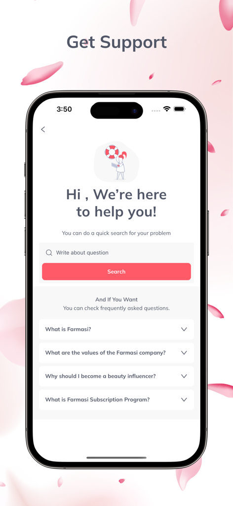Farmasi International app support page with search bar and frequently asked questions