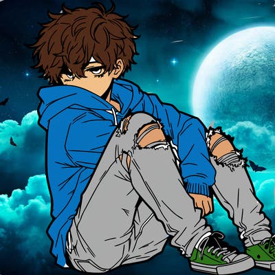 a male hoddie ripped jeans messy hair anime