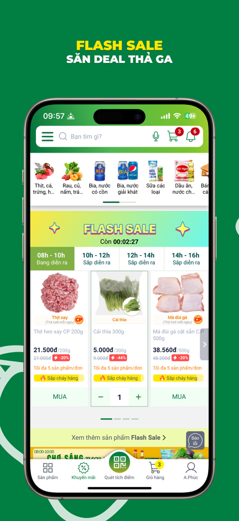 Interface do aplicativo móvel Bách Hóa Xanh mostrando ofertas de venda flash por tempo limitado em mantimentos, incluindo carne e vegetais
