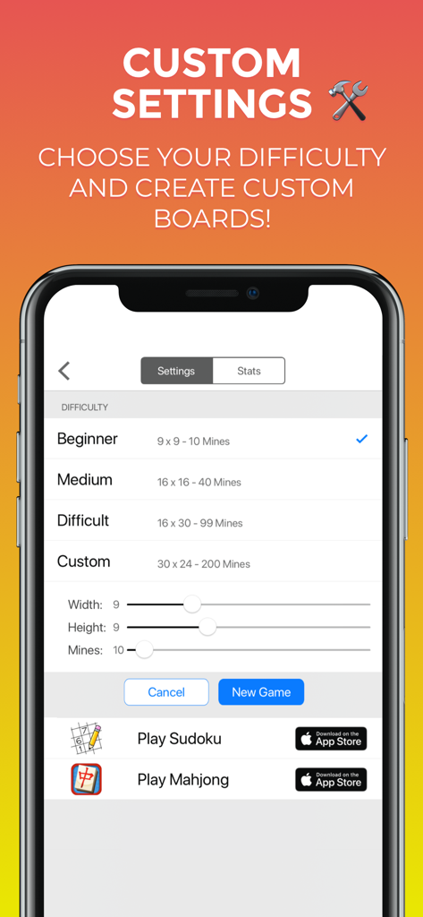 Minesweeper Classic custom difficulty settings screen with board size options