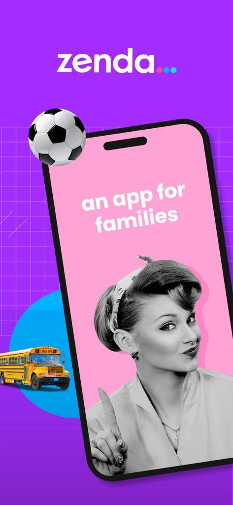 zenda - school fees made easy - Zenda Schulgebühren-App-Startbildschirm mit einem Schulbus und einem Fußball