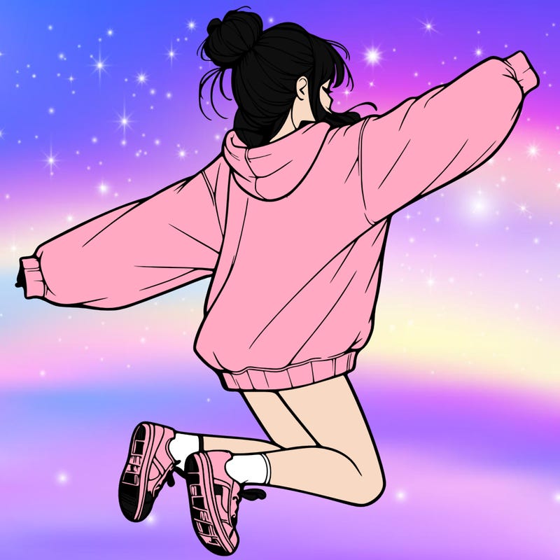 realistic girl jumping with a bun and oversized sweatshirt