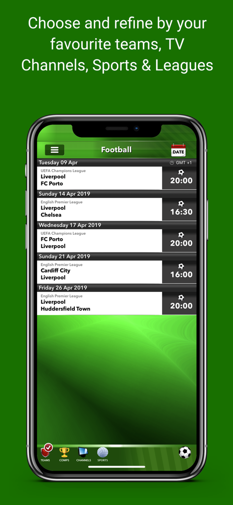WherestheMatch - Una captura de pantalla de una aplicación móvil que muestra los próximos partidos de fútbol del Liverpool FC, incluidas las fechas de los partidos y los horarios de inicio.