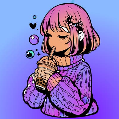 manga girl drinking boba in cozy sweater