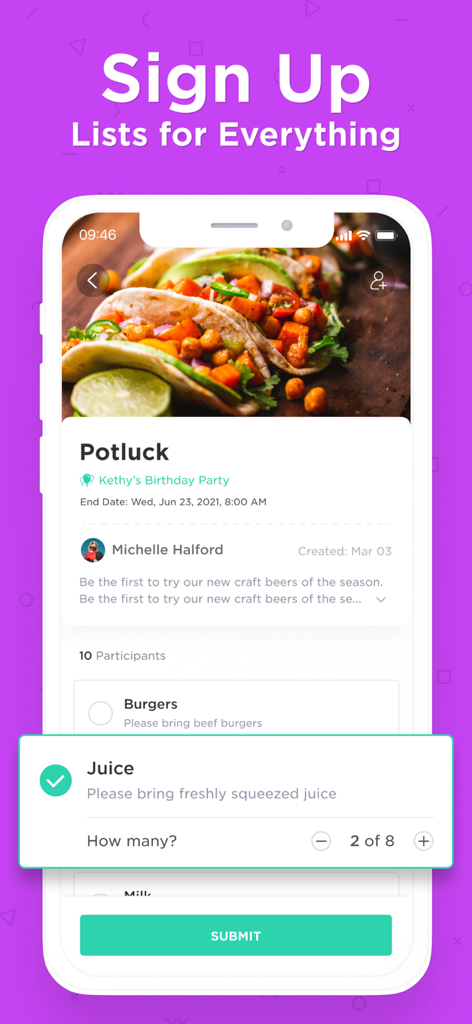 Interfaccia dell'app mobile che mostra una lista di iscrizione per un potluck (ognuno porta qualcosa) per un evento con tracciamento degli articoli degli invitati.