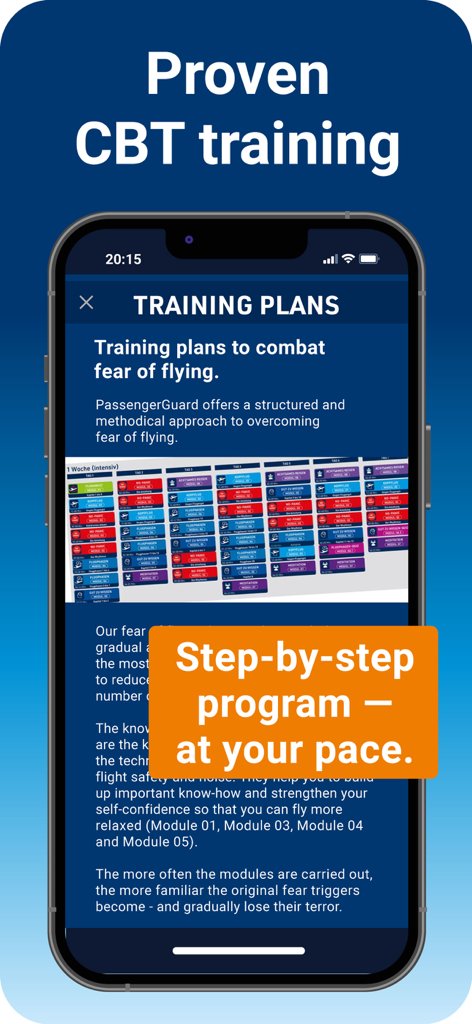 PassengerGuard: Fear of Flying - Interfaz de la aplicación PassengerGuard que muestra planes de entrenamiento de TCC y un programa paso a paso para el miedo a volar.