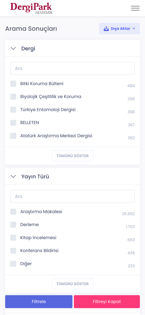 DergiPark Akademik - Search results page of the DergiPark Akademik app showing journal and publication type filters for academic research