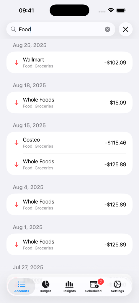 Search results for food expenses showing grocery transactions from Walmart and Whole Foods in the Indigo Money app.