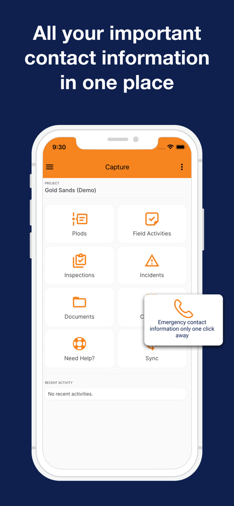 CorePlan - CorePlan mobile app dashboard showing field data capture modules and an emergency contact shortcut