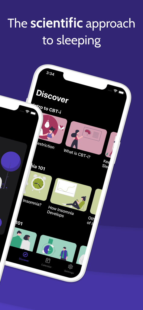 Ein Mobiltelefon, das die Restful App-Entdeckungsseite mit wissenschaftlichen Lektionen über Insomnie und CBT-i-Therapie anzeigt.