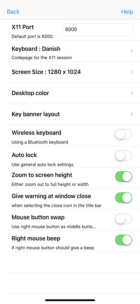 Mocha X11 - ポート設定、キーボード レイアウト、画面サイズ、マウスの動作のオプションを表示する Mocha X11 設定画面