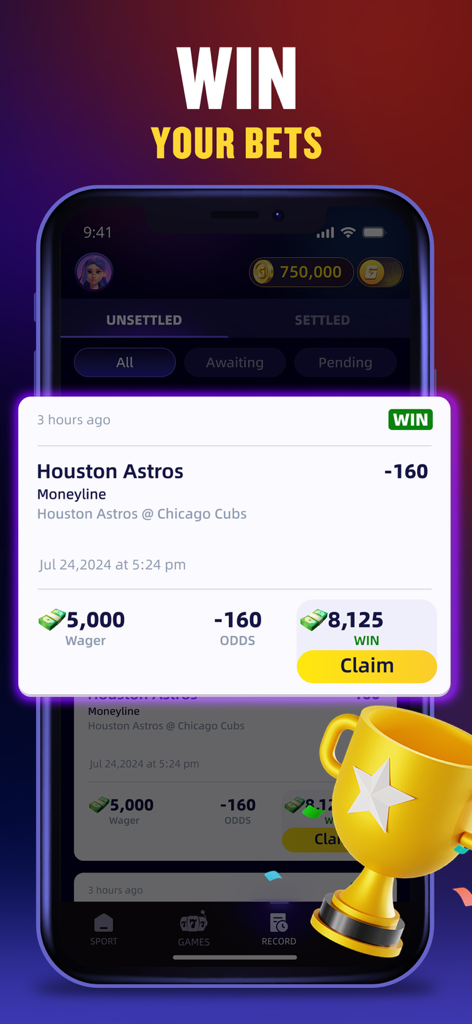 Gwin: Sportsbook For Cash &Fun - A mobile screen from the Gwin app showing a winning sports bet on the Houston Astros with a claim button and a gold trophy icon.