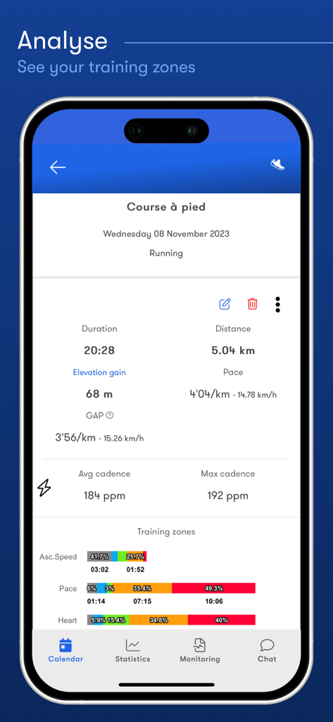 Nolio - Pantalla de la aplicación Nolio que muestra métricas detalladas de carrera, incluyendo duración, distancia, ritmo y zonas de frecuencia cardíaca de entrenamiento.