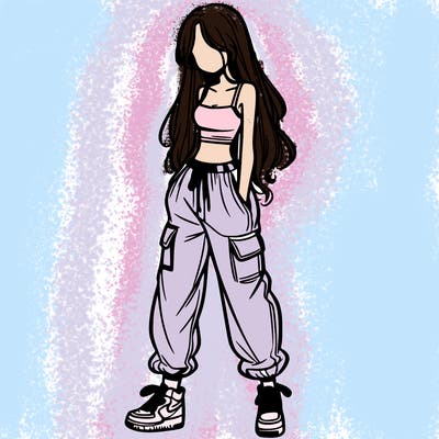 girl in baggy pants crop top and long hair