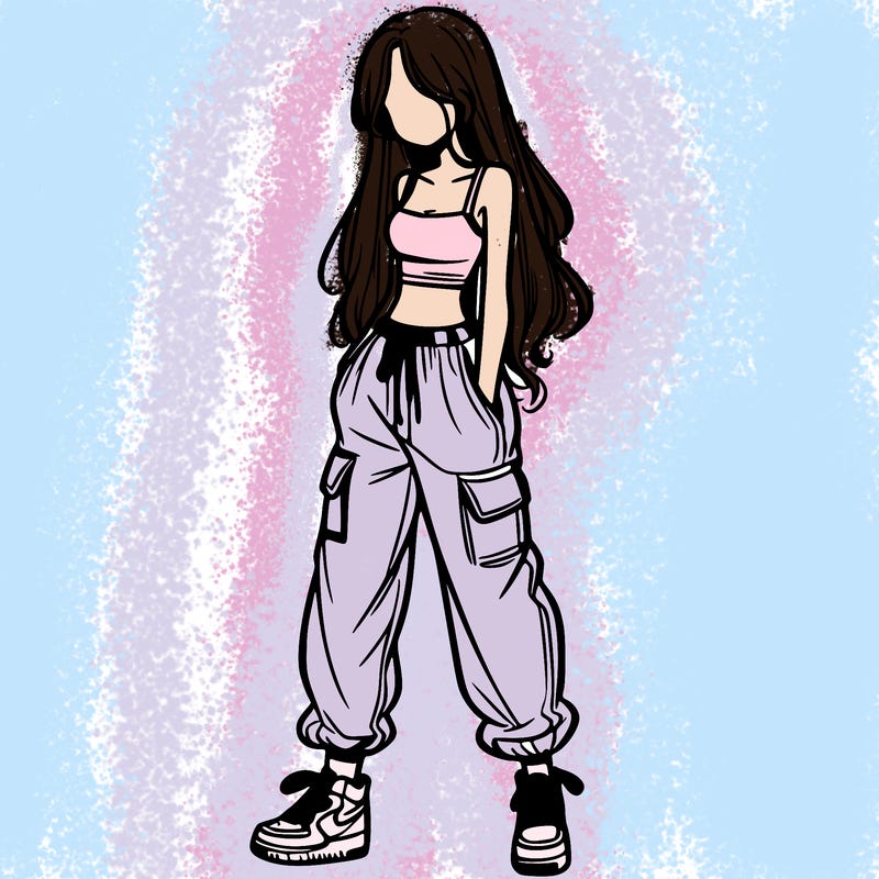 girl in baggy pants crop top and long hair