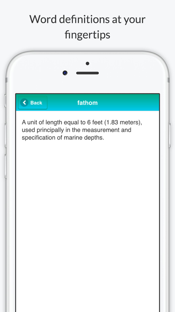 Rhyme Dictionary by Rhyme Time - Rhyme Time app interface displaying the definition of the word fathom