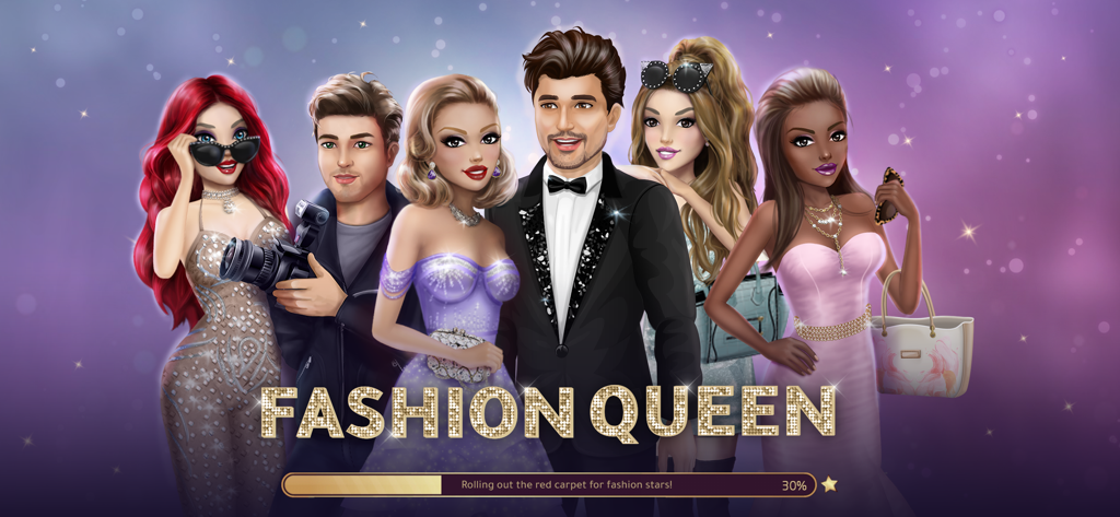 Fashion Queen: Dress Up & Glow - Fashion Queen game loading screen featuring stylish characters in glamorous red carpet outfits and sparkly background.