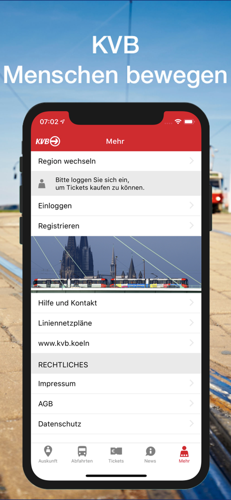 The menu screen of the KVB app displaying transit options and user account settings in Cologne.